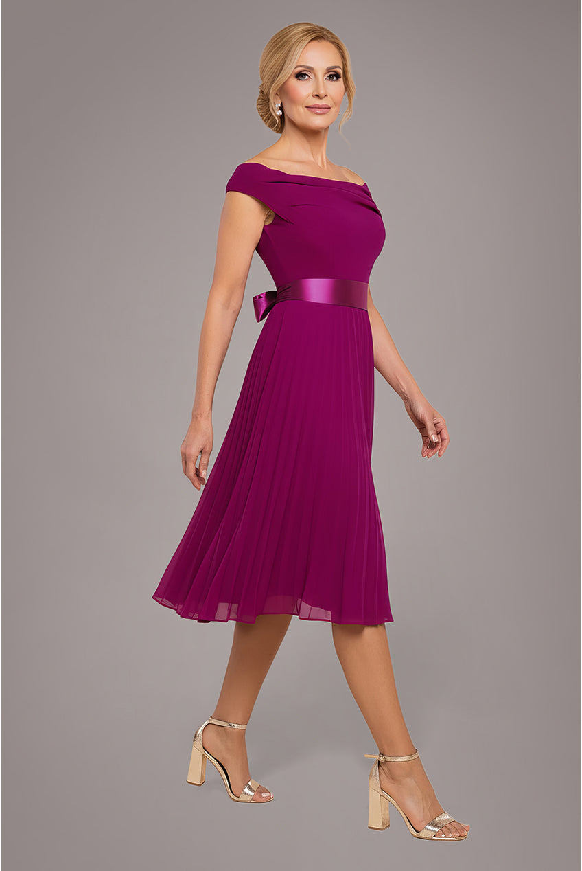 Goddiva Cowl Neck Pleated A-Line Chiffon Midi Dress - Magenta