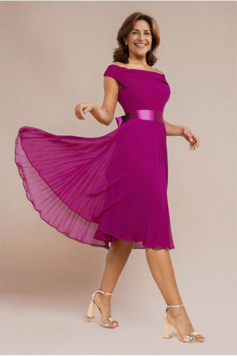 Goddiva Cowl Neck Pleated A-Line Chiffon Midi Dress - Magenta