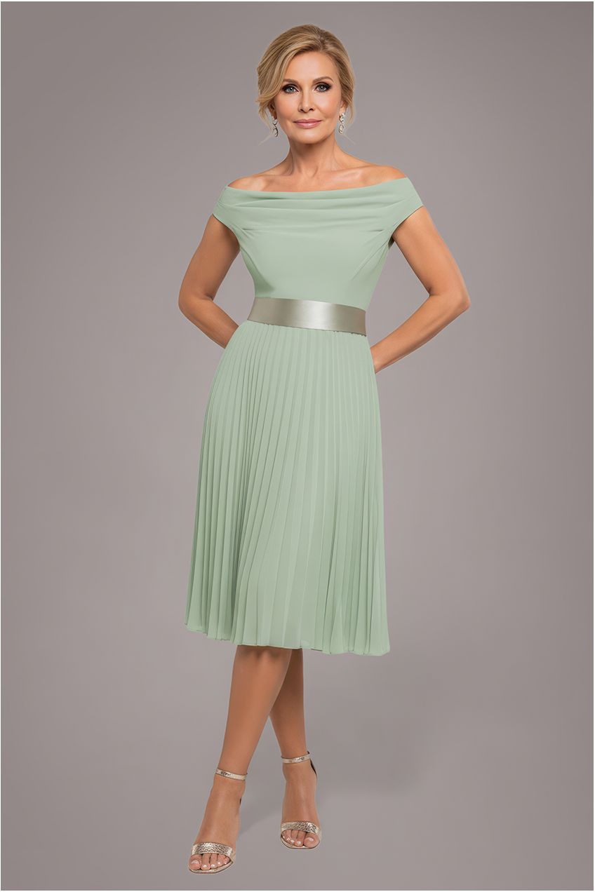 Goddiva Cowl Neck Pleated A-Line Chiffon Midi Dress - Sage Green