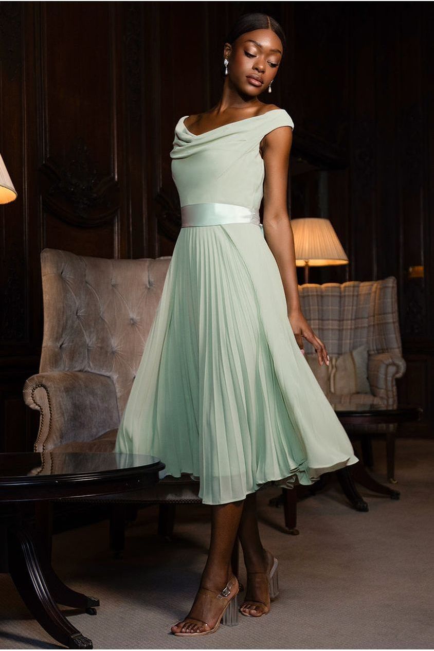 Goddiva Cowl Neck Pleated A-Line Chiffon Midi Dress - Sage Green