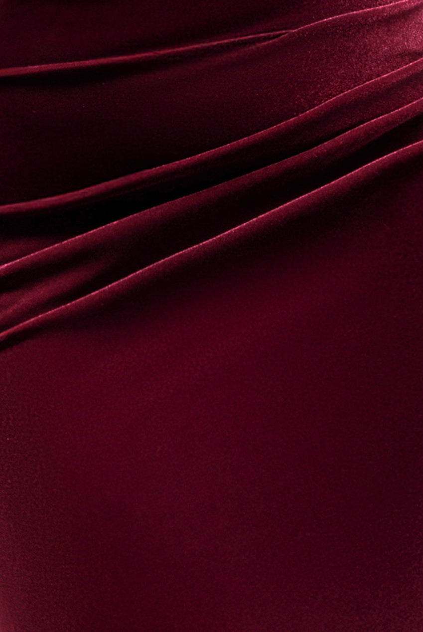 Goddiva Cowl One Shoulder Velvet Maxi Dress - Burgundy Red