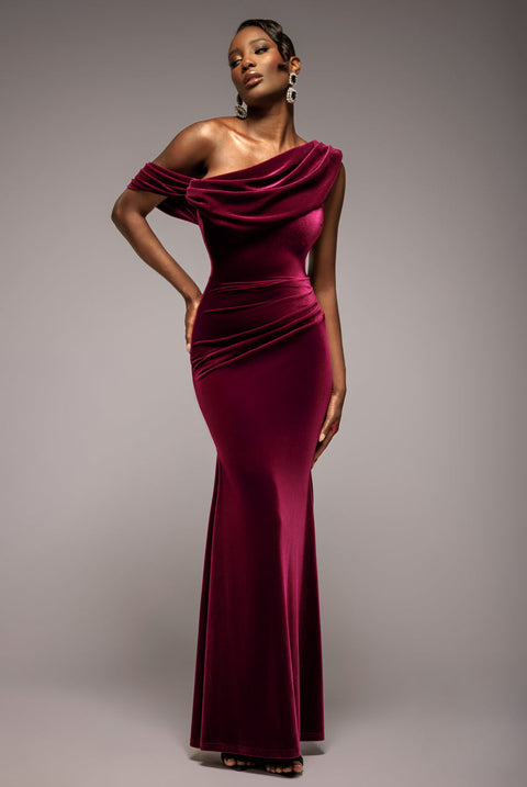 Goddiva Cowl One Shoulder Velvet Maxi Dress - Burgundy Red