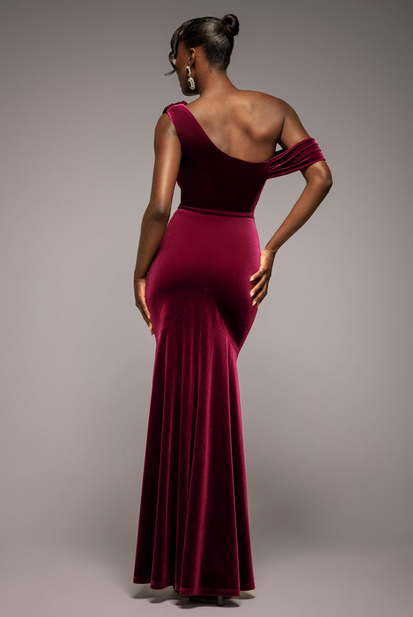 Goddiva Cowl One Shoulder Velvet Maxi Dress - Burgundy Red