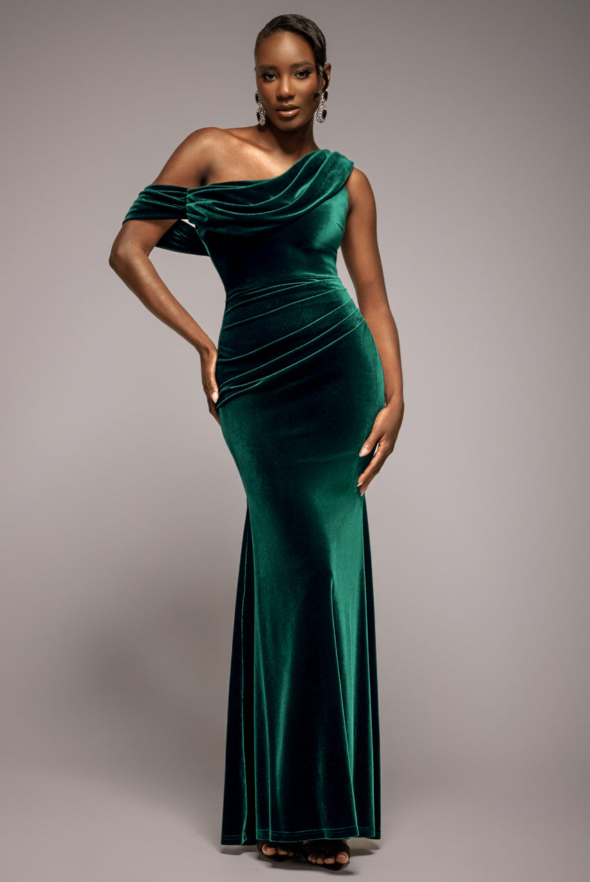 Goddiva Cowl One Shoulder Velvet Maxi Dress - Emerald Green