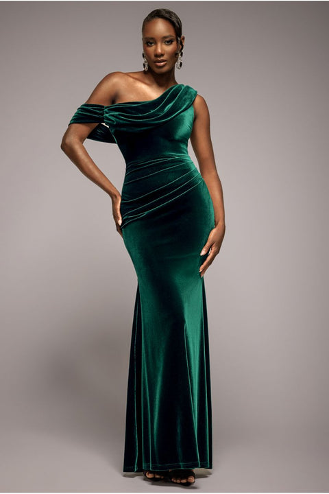 Goddiva Cowl One Shoulder Velvet Maxi Dress - Emerald Green