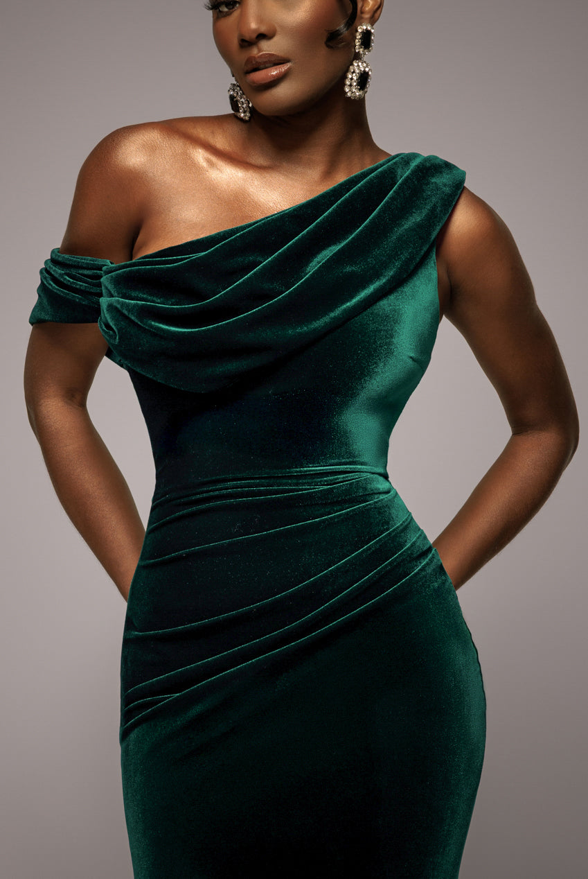 Goddiva Cowl One Shoulder Velvet Maxi Dress - Emerald Green