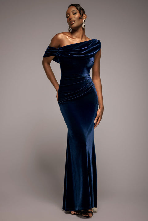 Goddiva Cowl One Shoulder Velvet Maxi Dress - Navy Blue
