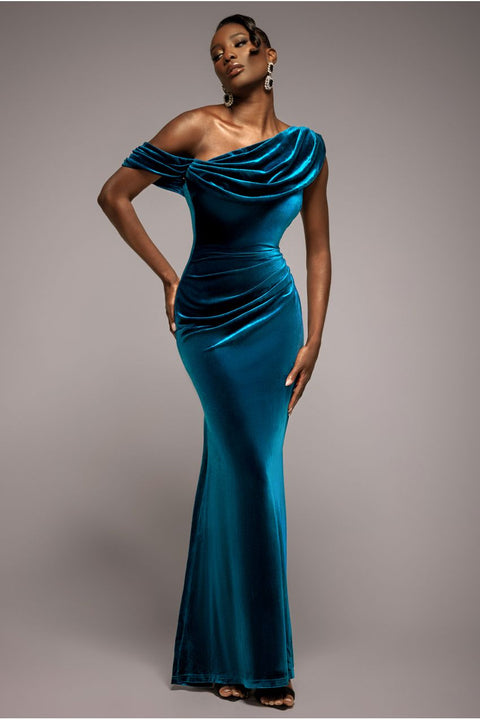 Goddiva Cowl One Shoulder Velvet Maxi Dress - Teal