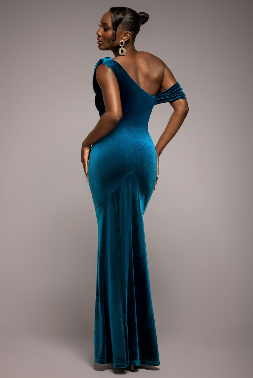 Goddiva Cowl One Shoulder Velvet Maxi Dress - Teal
