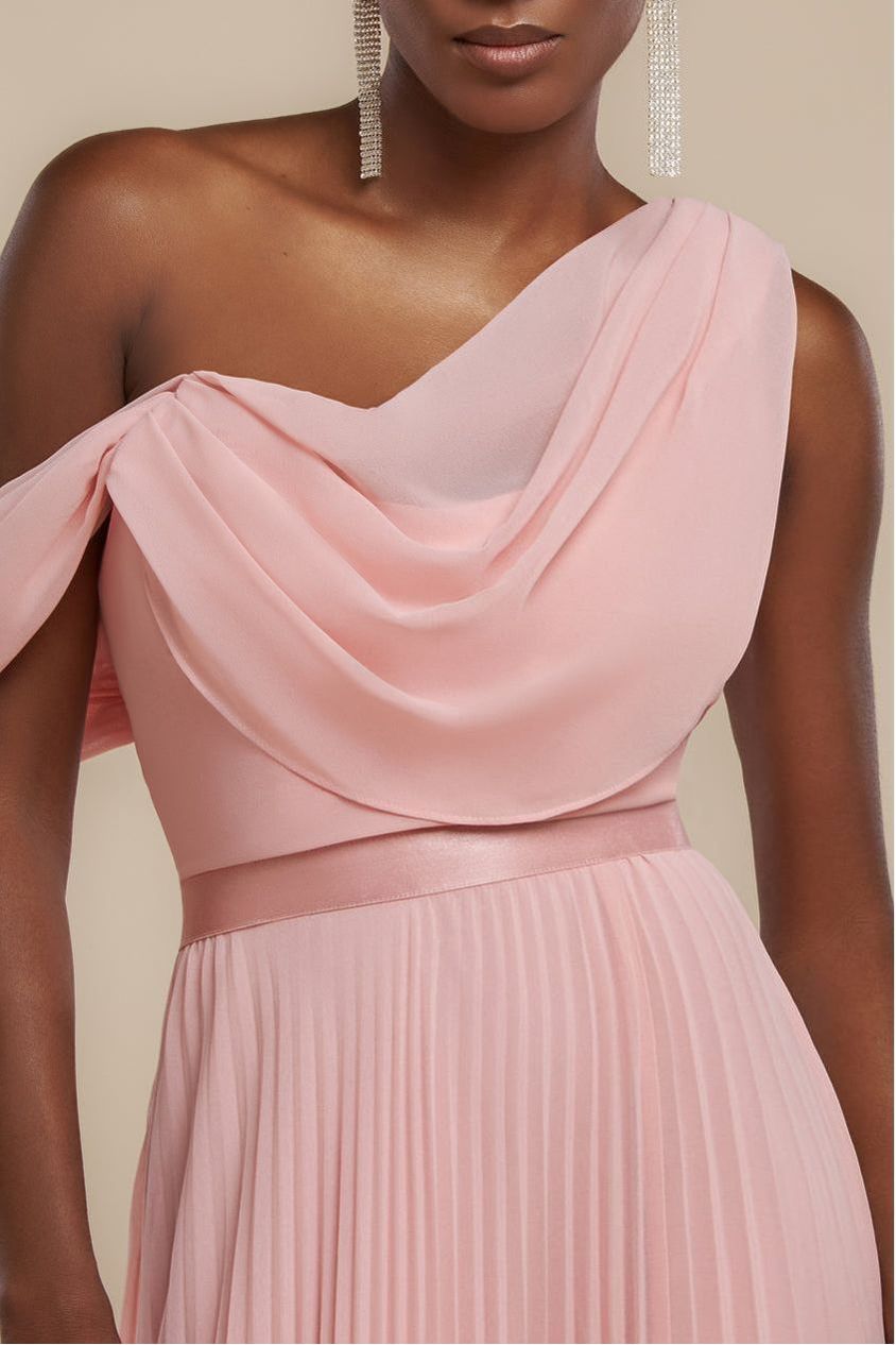 Goddiva Cowl Neck One Shoulder A Line Chiffon Maxi Dress - Blush Pink