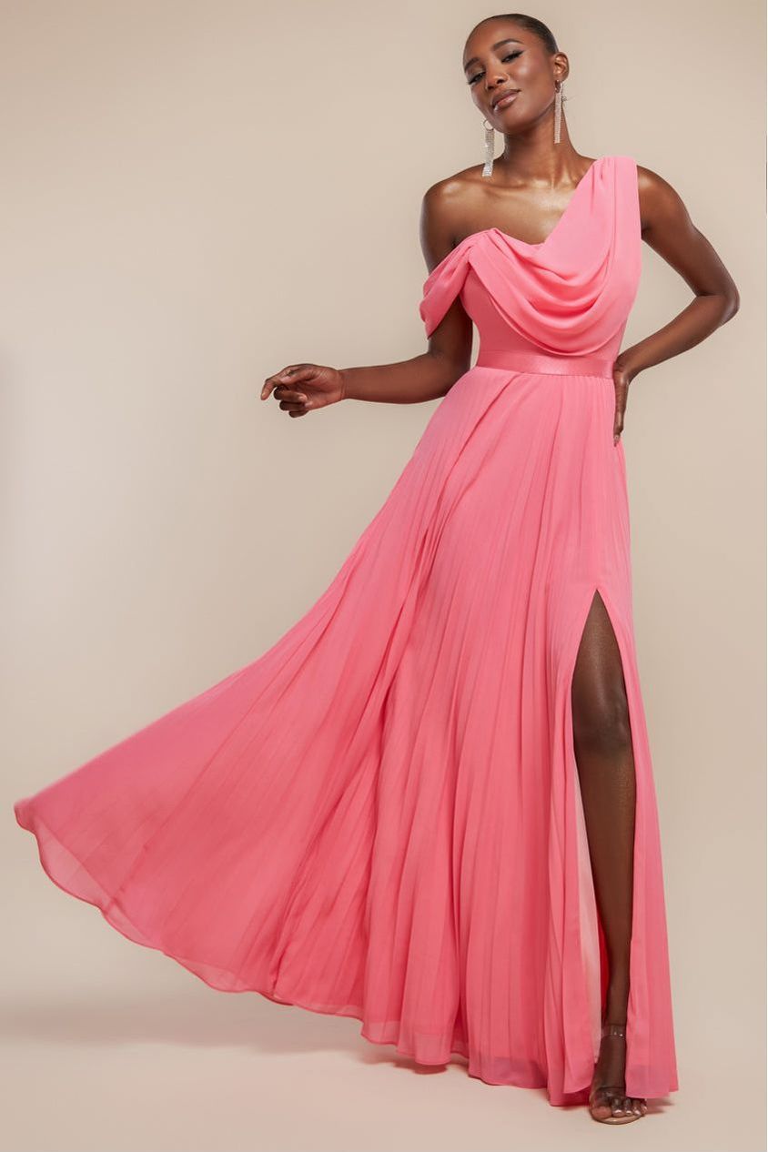 Goddiva Cowl Neck One Shoulder A Line Chiffon Maxi Dress - Coral