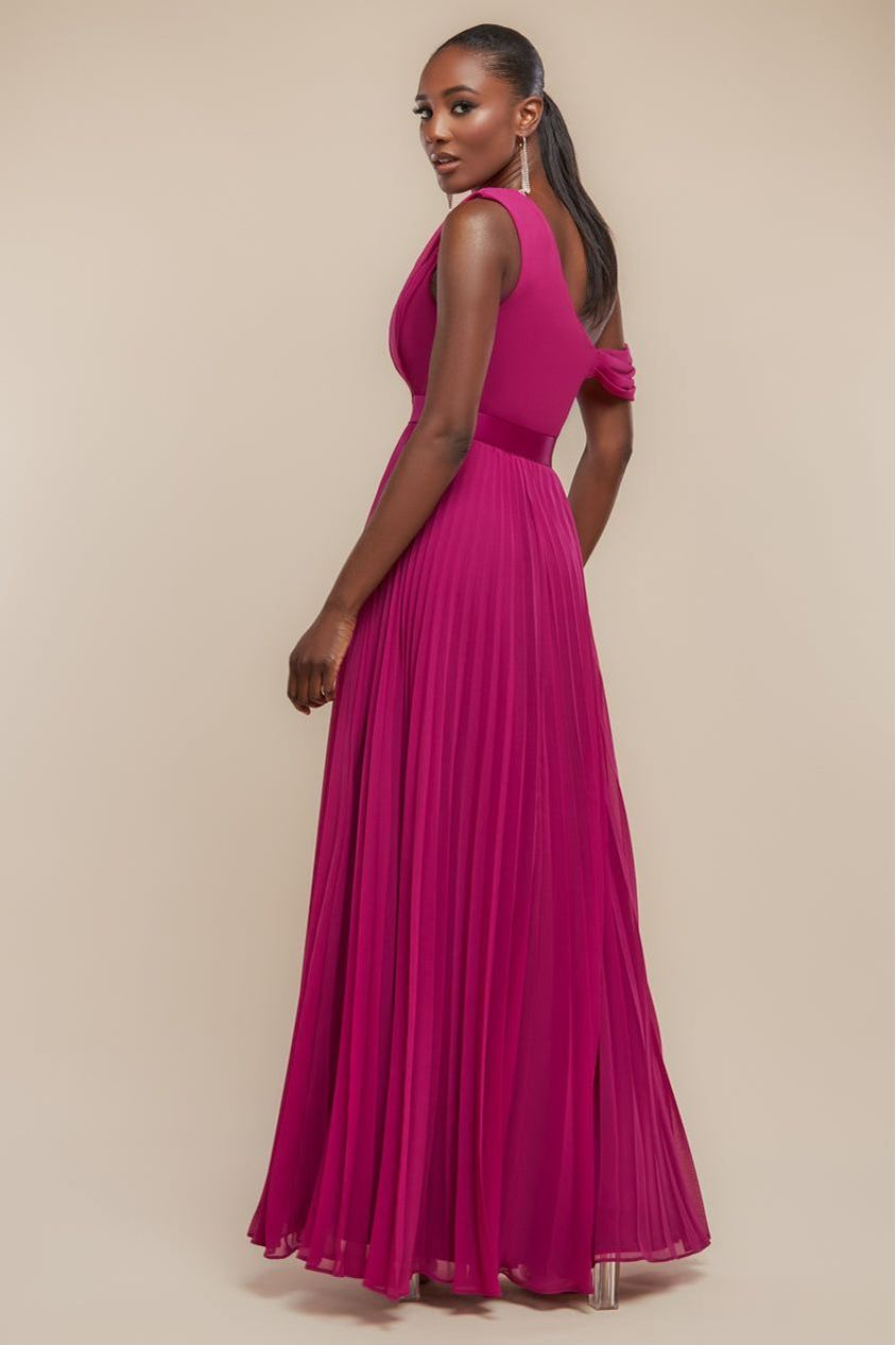 Goddiva Cowl Neck One Shoulder A Line Chiffon Maxi Dress - Magenta