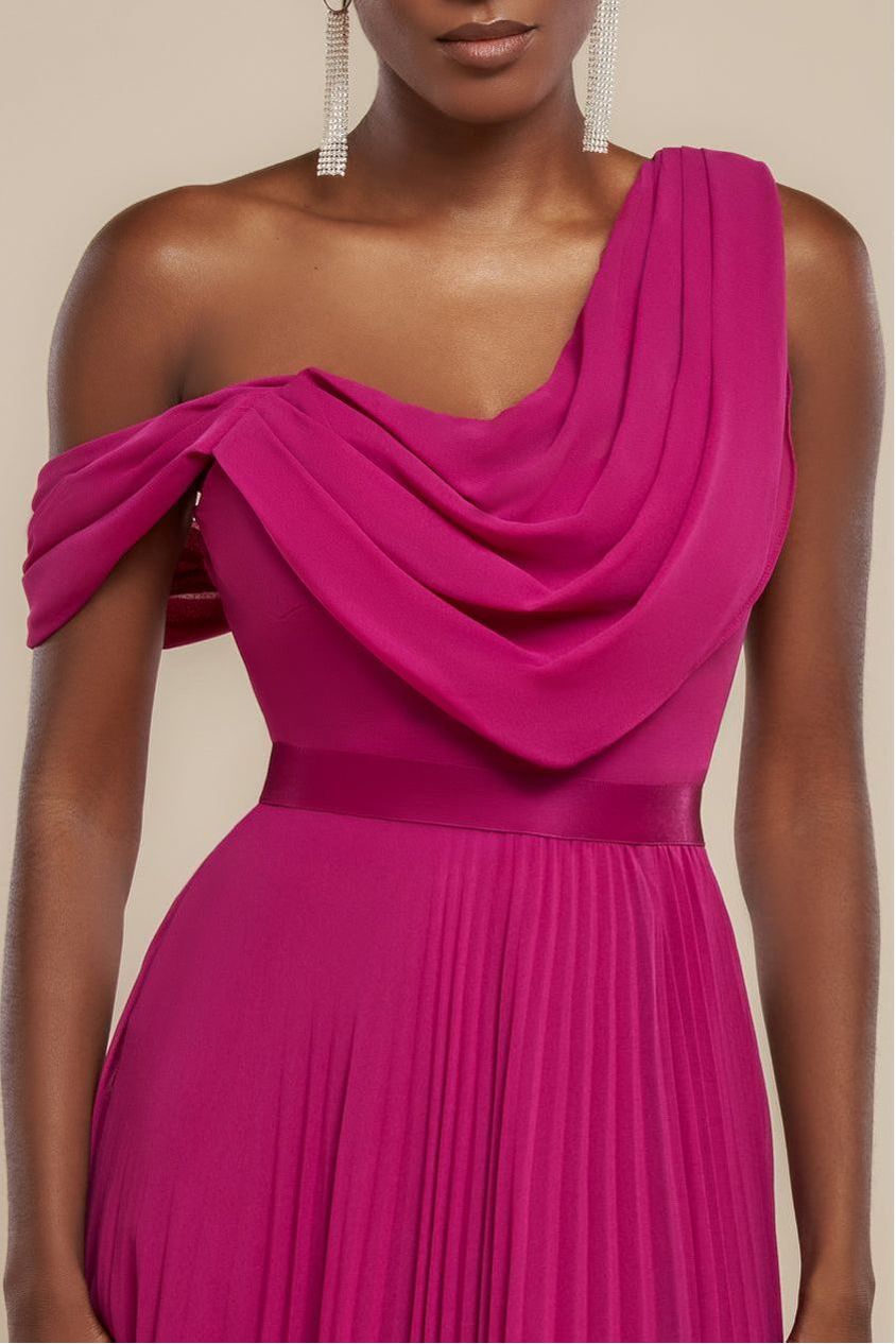 Goddiva Cowl Neck One Shoulder A Line Chiffon Maxi Dress - Magenta