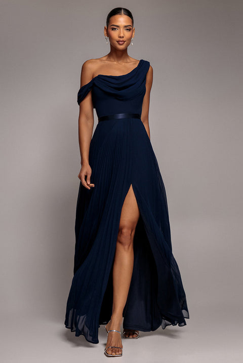 Goddiva Cowl Neck One Shoulder A Line Chiffon Maxi Dress - Navy Blue