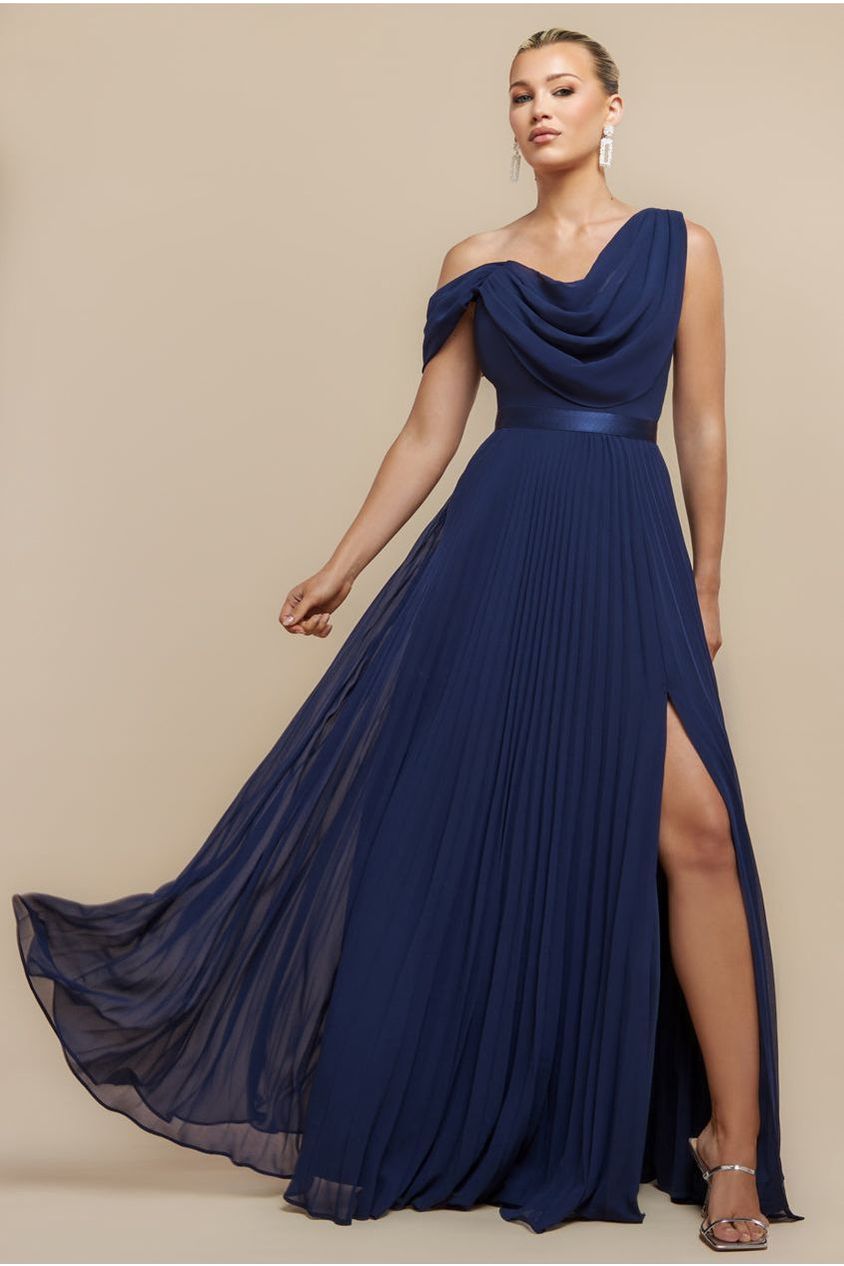 Goddiva Cowl Neck One Shoulder A Line Chiffon Maxi Dress - Navy Blue