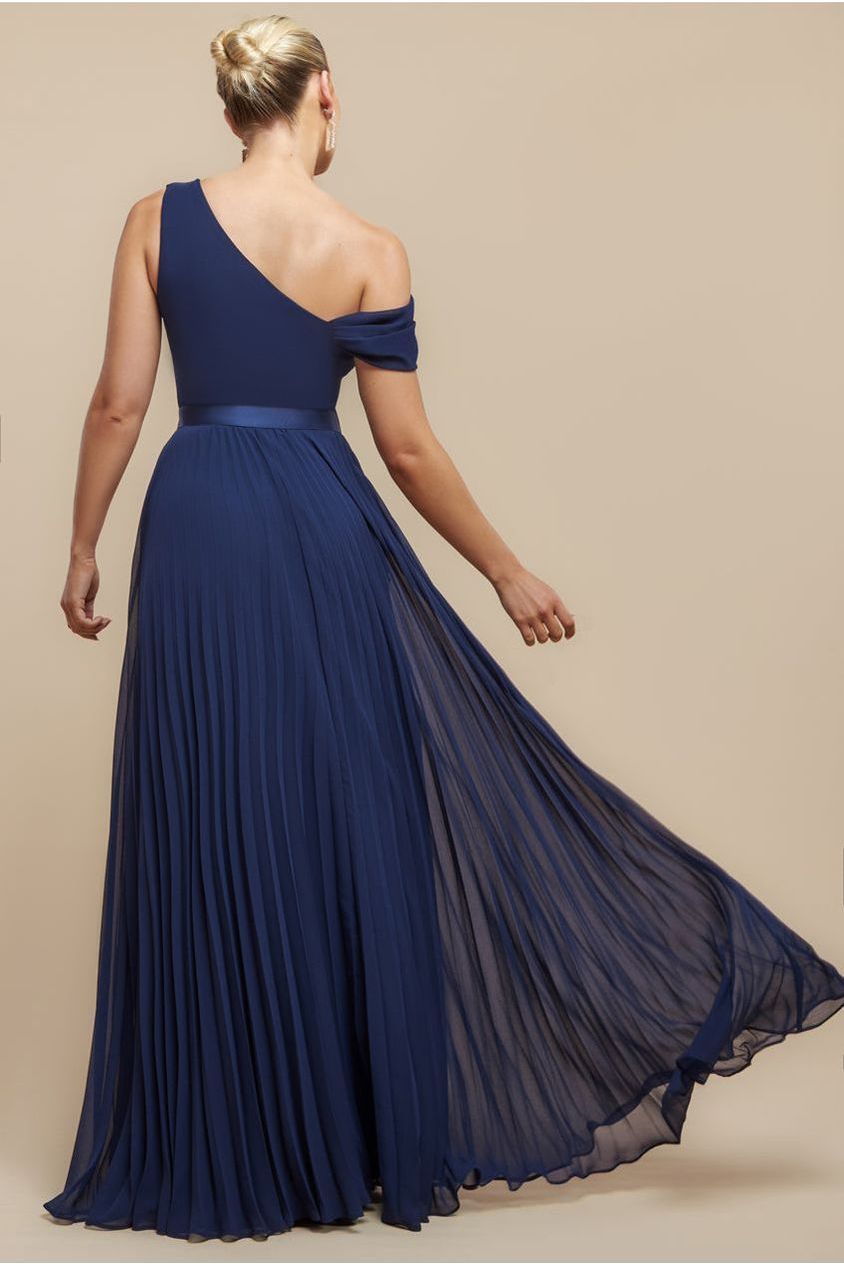 Goddiva Cowl Neck One Shoulder A Line Chiffon Maxi Dress - Navy Blue