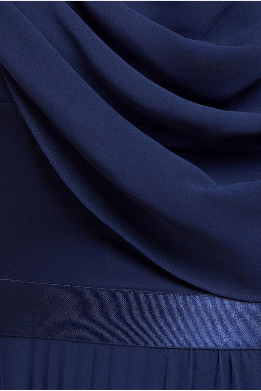 Goddiva Cowl Neck One Shoulder A Line Chiffon Maxi Dress - Navy Blue