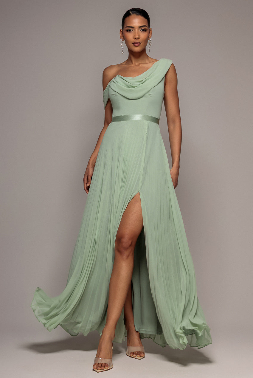Goddiva Cowl Neck One Shoulder A Line Chiffon Maxi Dress - Sage Green