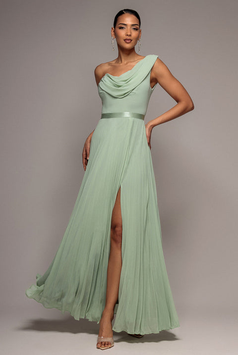 Goddiva Cowl Neck One Shoulder A Line Chiffon Maxi Dress - Sage Green