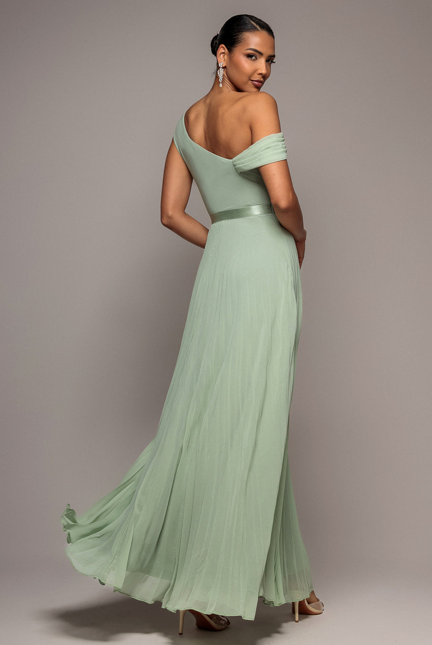 Goddiva Cowl Neck One Shoulder A Line Chiffon Maxi Dress - Sage Green