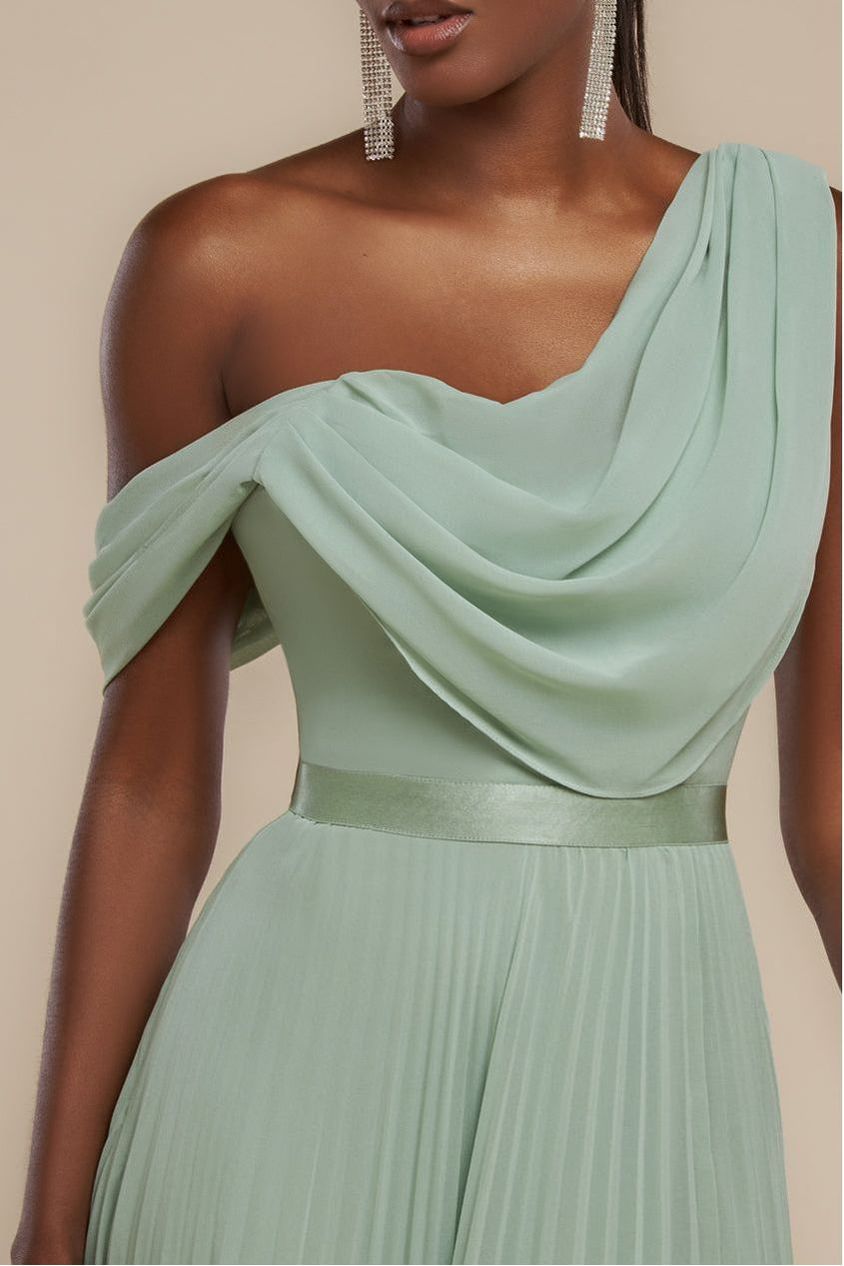Goddiva Cowl Neck One Shoulder A Line Chiffon Maxi Dress - Sage Green