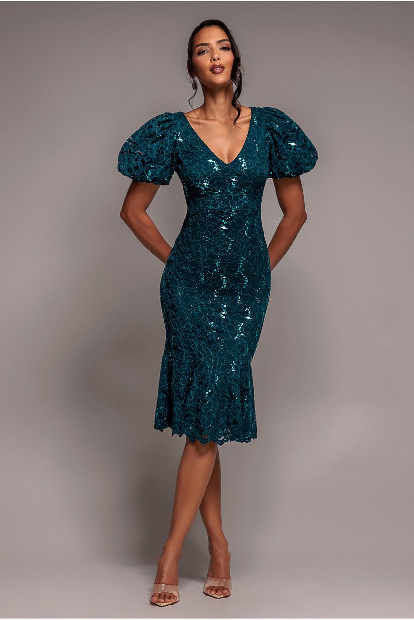 Goddiva Sequin Lace Puff Sleeve Fit & Flare Midi Dress - Teal Blue