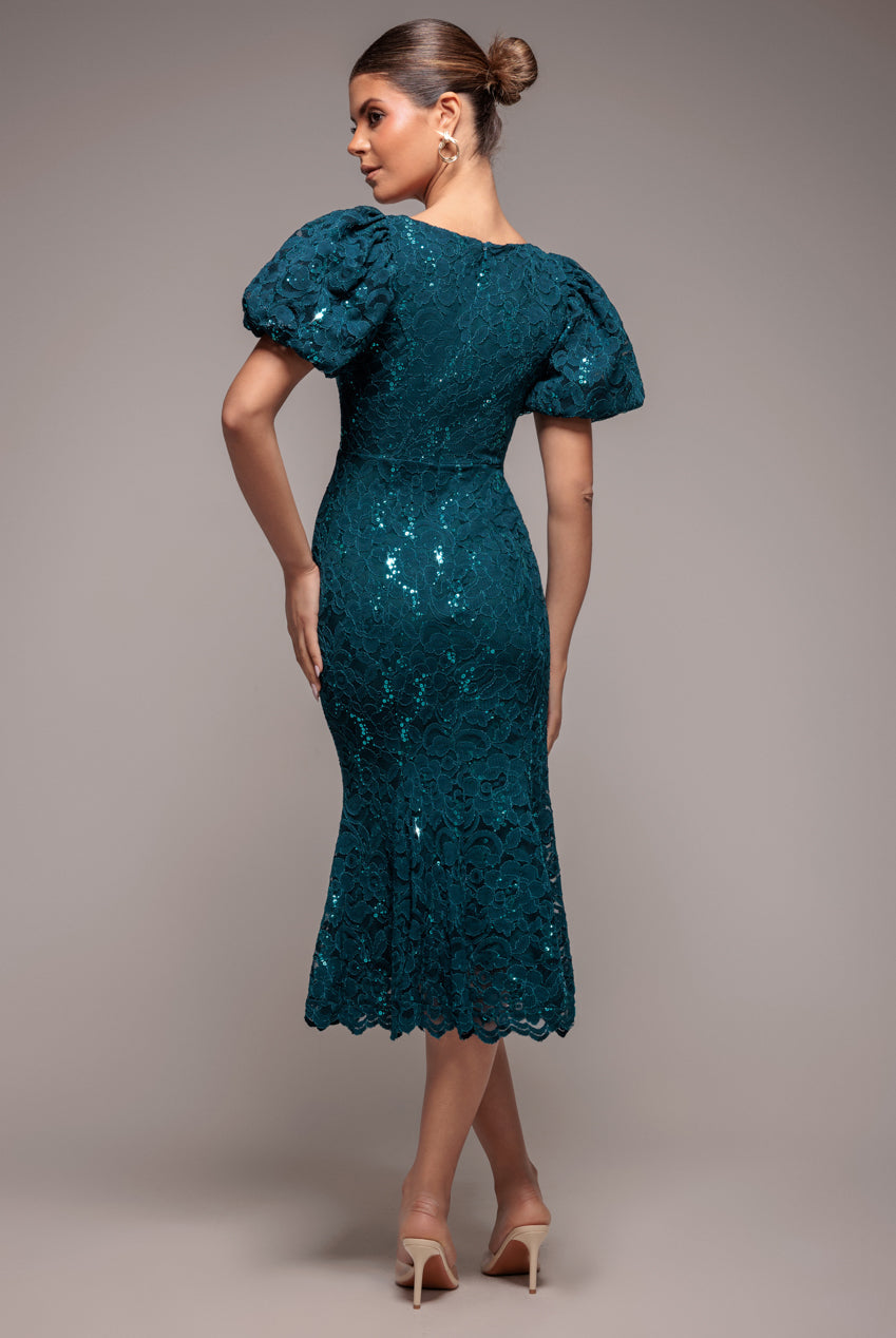 Goddiva Sequin Lace Puff Sleeve Fit & Flare Midi Dress - Teal Blue