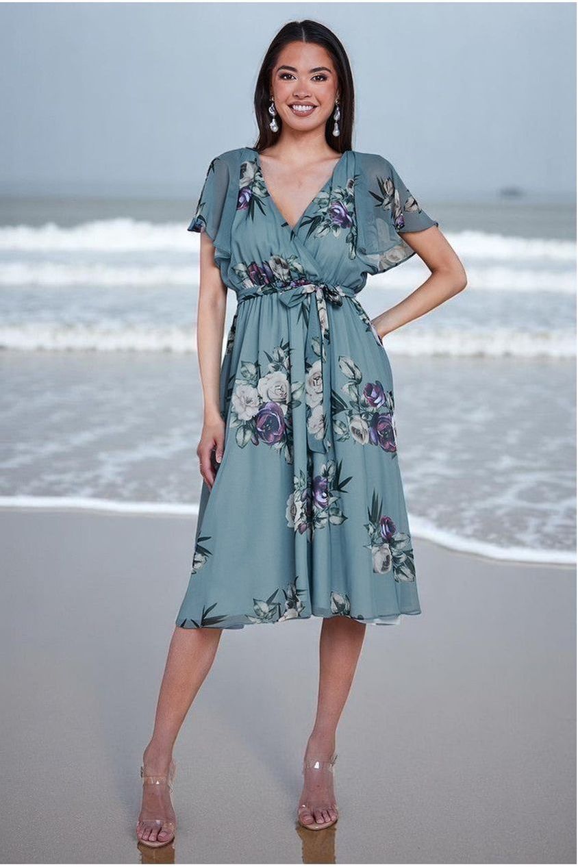 Goddiva Floral Printed Flutter Sleeve Chiffon Midi Dress - Airforce Blue