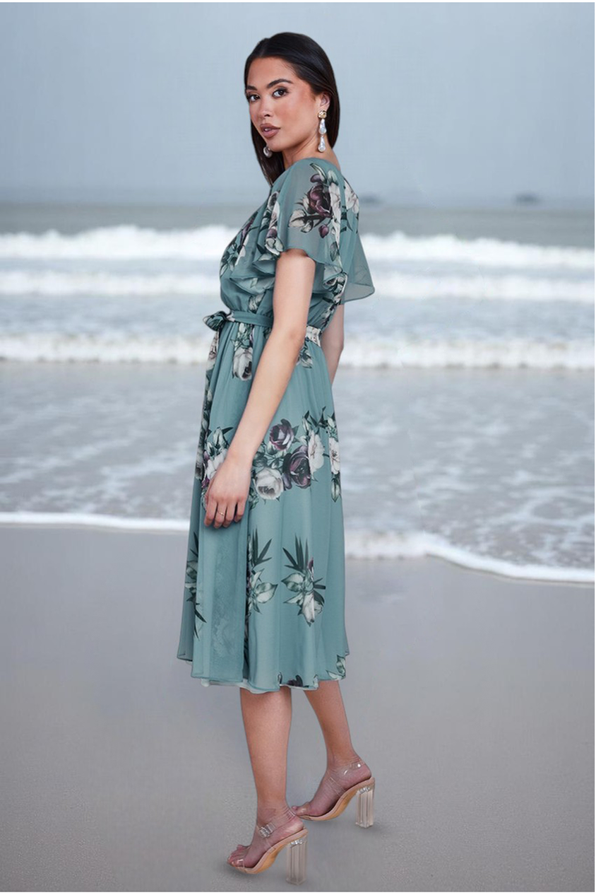 Goddiva Floral Printed Flutter Sleeve Chiffon Midi Dress - Airforce Blue