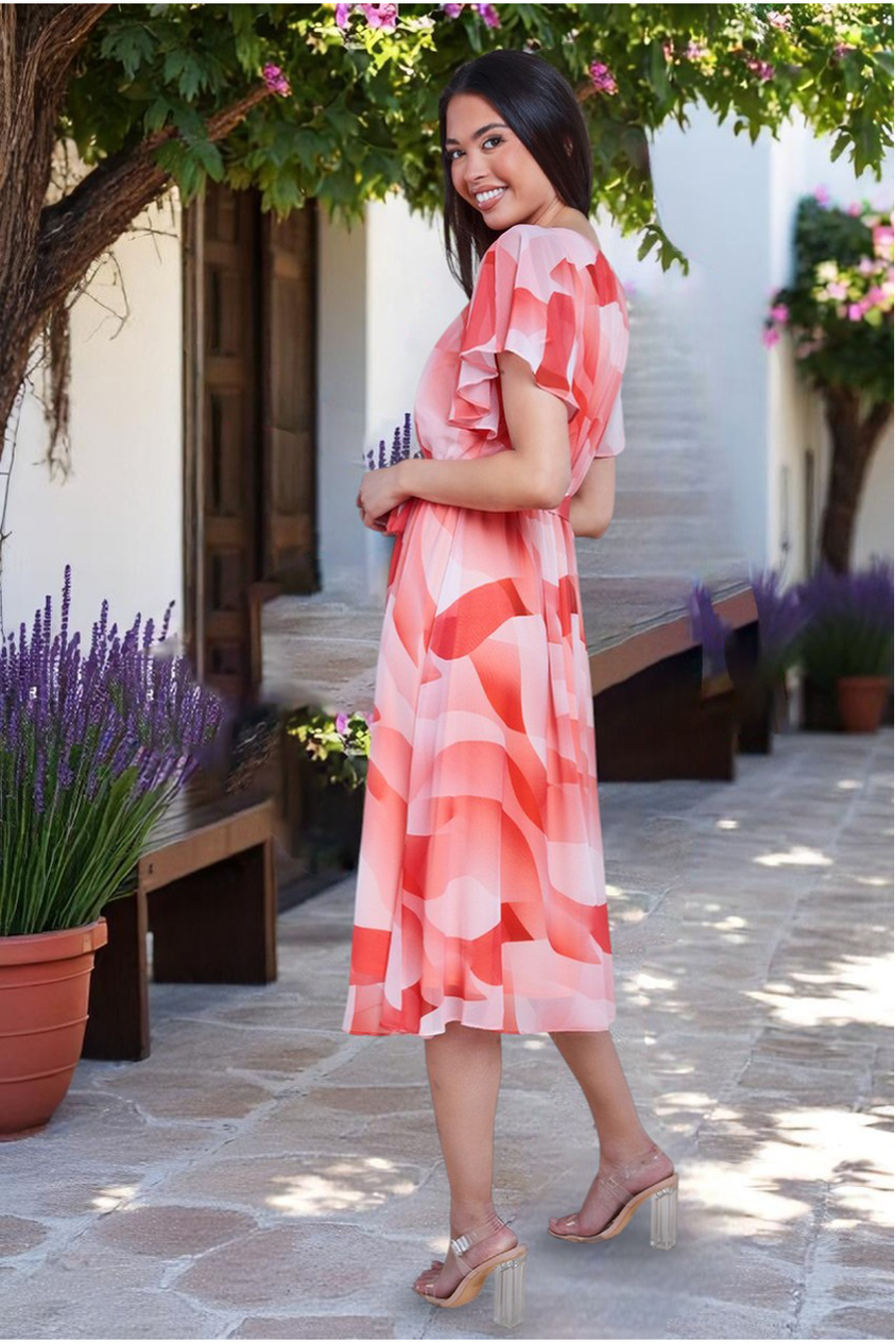 Goddiva Printed Flutter Sleeve Chiffon Midi Dress - Coral