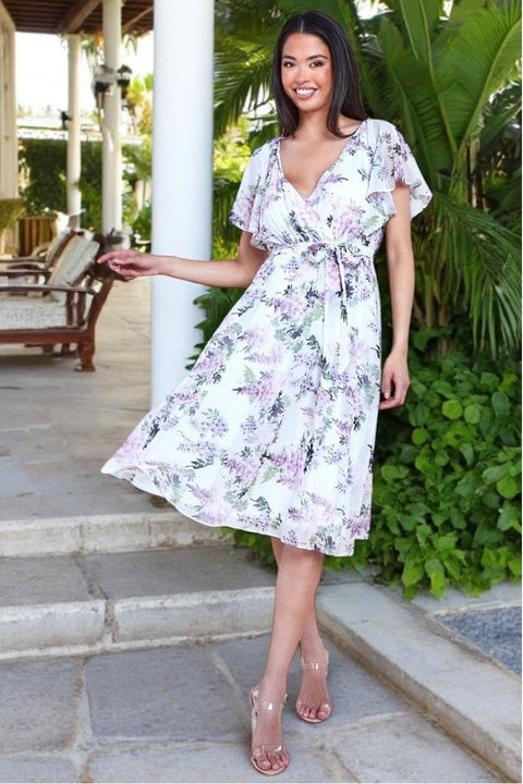 Goddiva Floral Printed Flutter Sleeve Chiffon Midi Dress - Cream