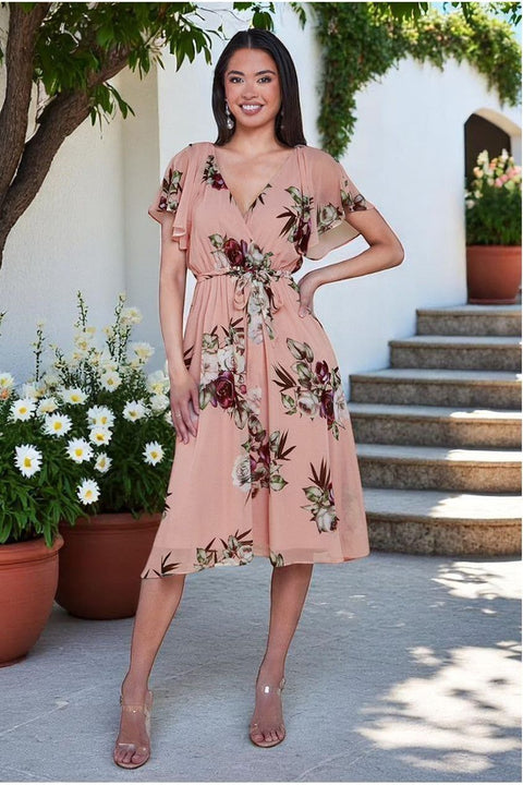 Goddiva Floral Printed Flutter Sleeve Chiffon Midi Dress - Peach
