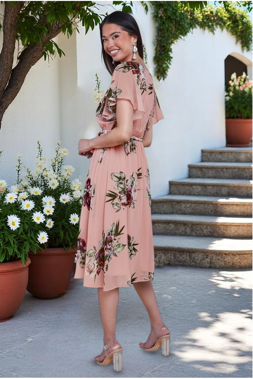 Goddiva Floral Printed Flutter Sleeve Chiffon Midi Dress - Peach