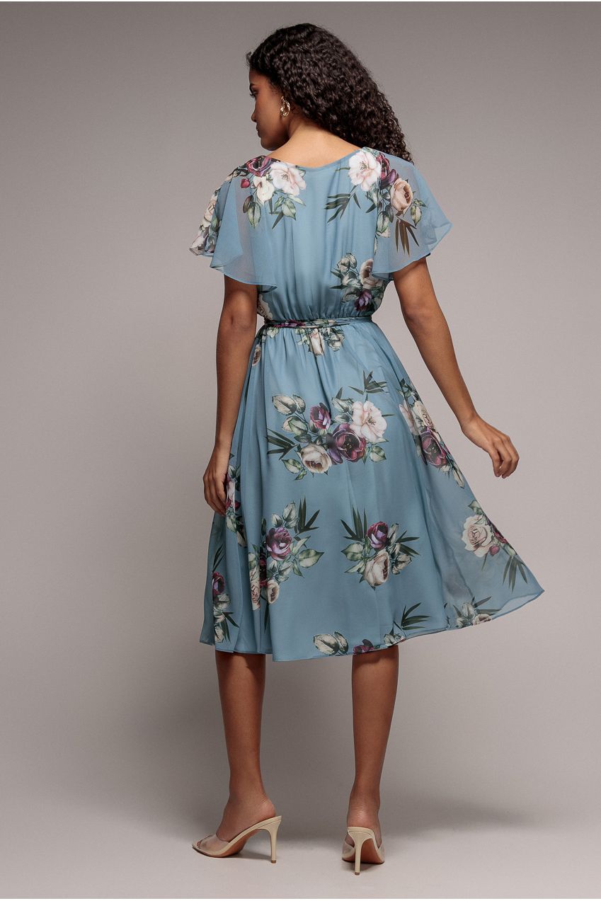 Goddiva Floral Printed Flutter Sleeve Chiffon Midi Dress - Airforce Blue