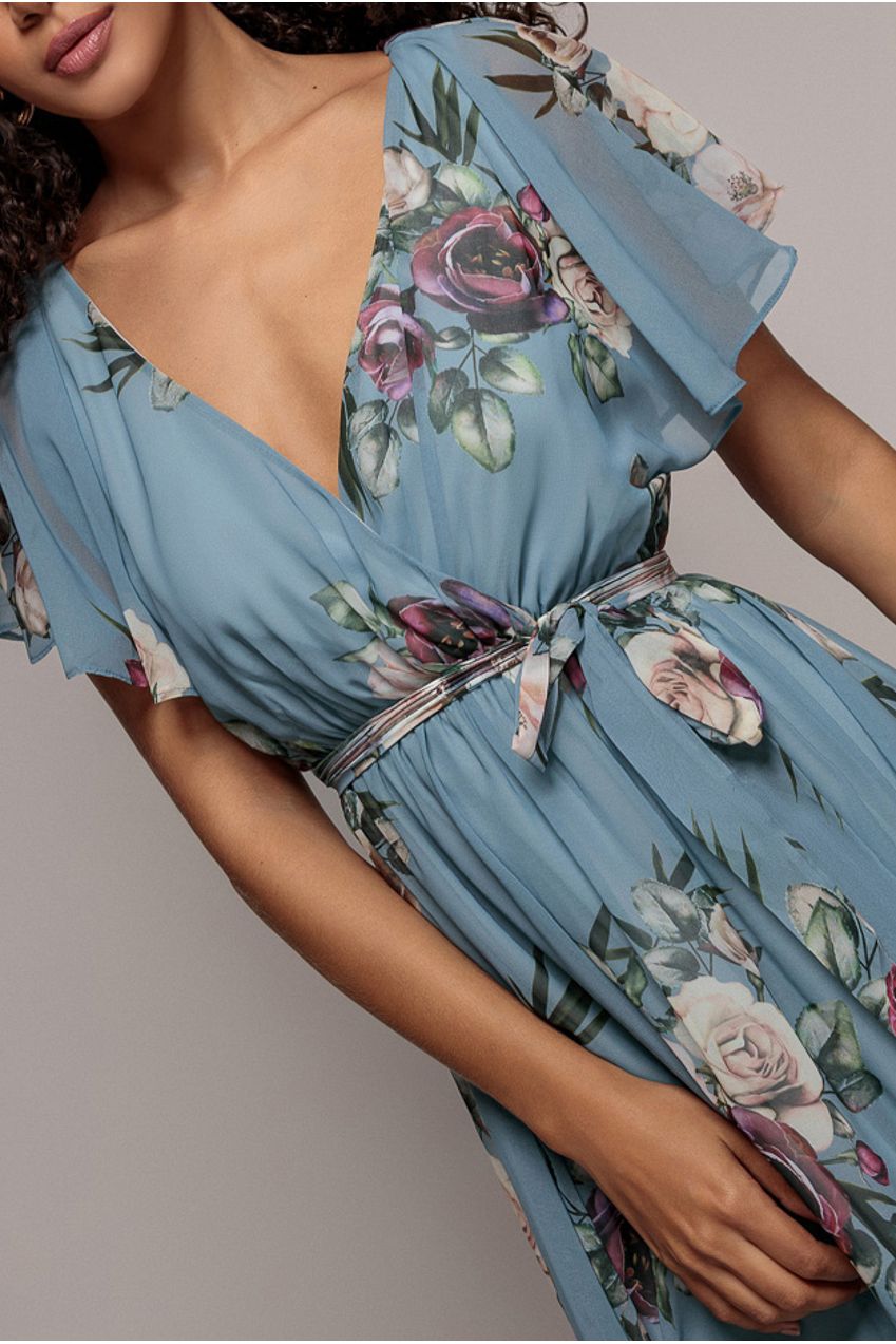 Goddiva Floral Printed Flutter Sleeve Chiffon Midi Dress - Airforce Blue