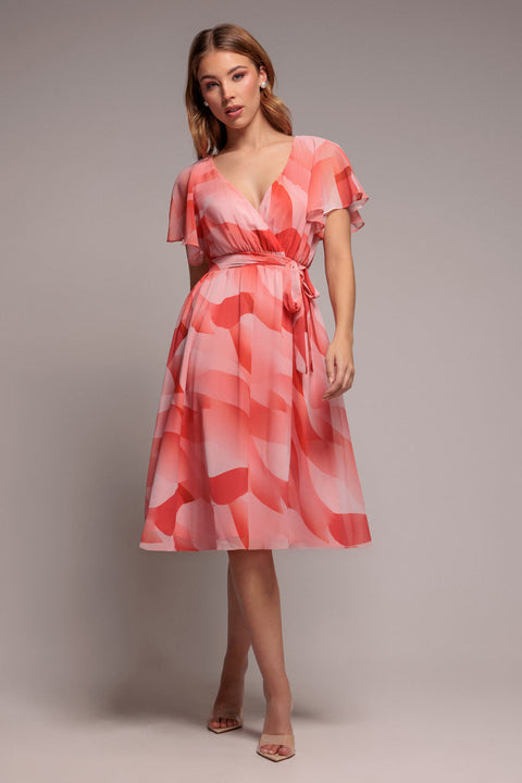Goddiva Printed Flutter Sleeve Chiffon Midi Dress - Coral