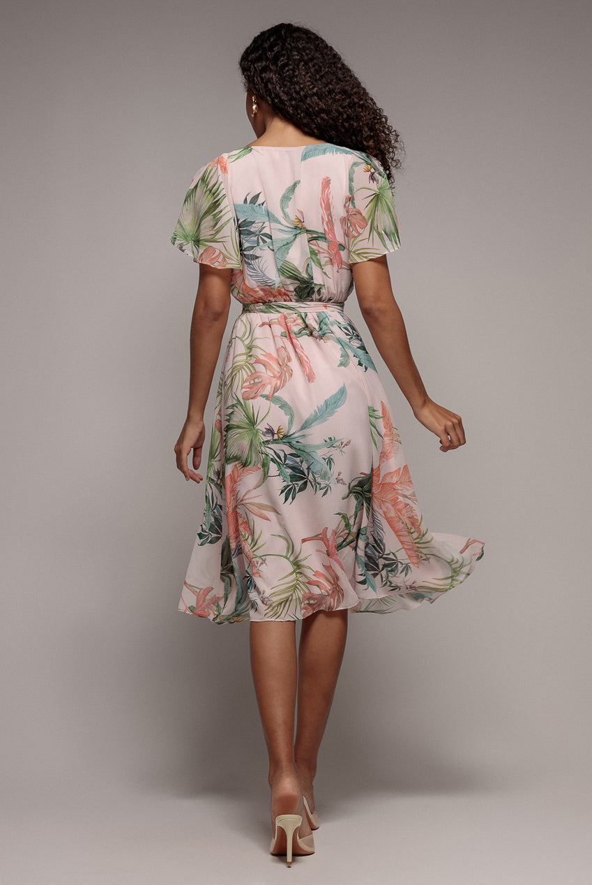 Goddiva Floral Printed Flutter Sleeve Chiffon Midi Dress - Off White