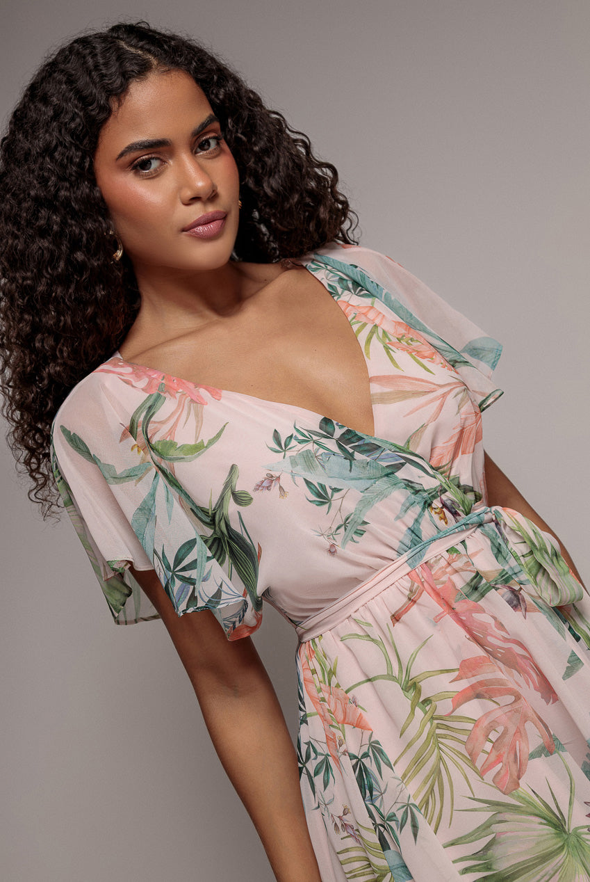 Goddiva Floral Printed Flutter Sleeve Chiffon Midi Dress - Off White