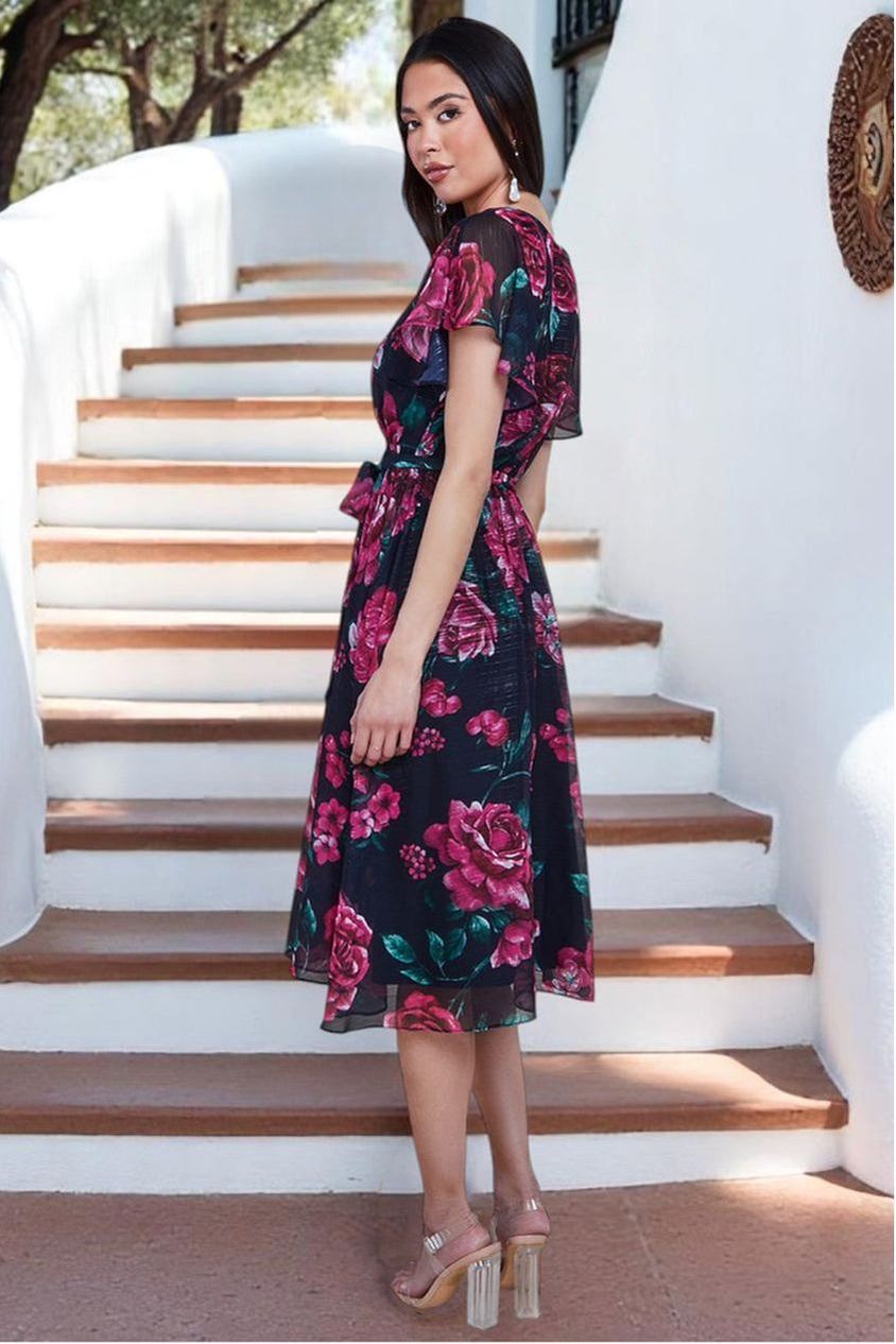 Goddiva Printed Lurex A-Line Flutter Sleeve Midi Dress - Black