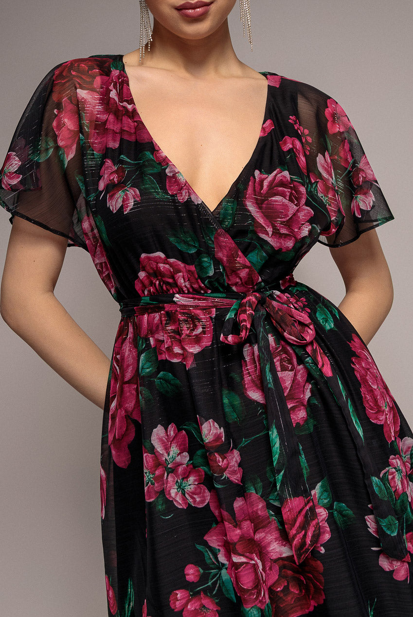 Goddiva Printed Lurex A-Line Flutter Sleeve Midi Dress - Black