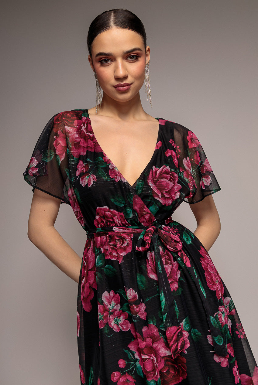 Goddiva Printed Lurex A-Line Flutter Sleeve Midi Dress - Black