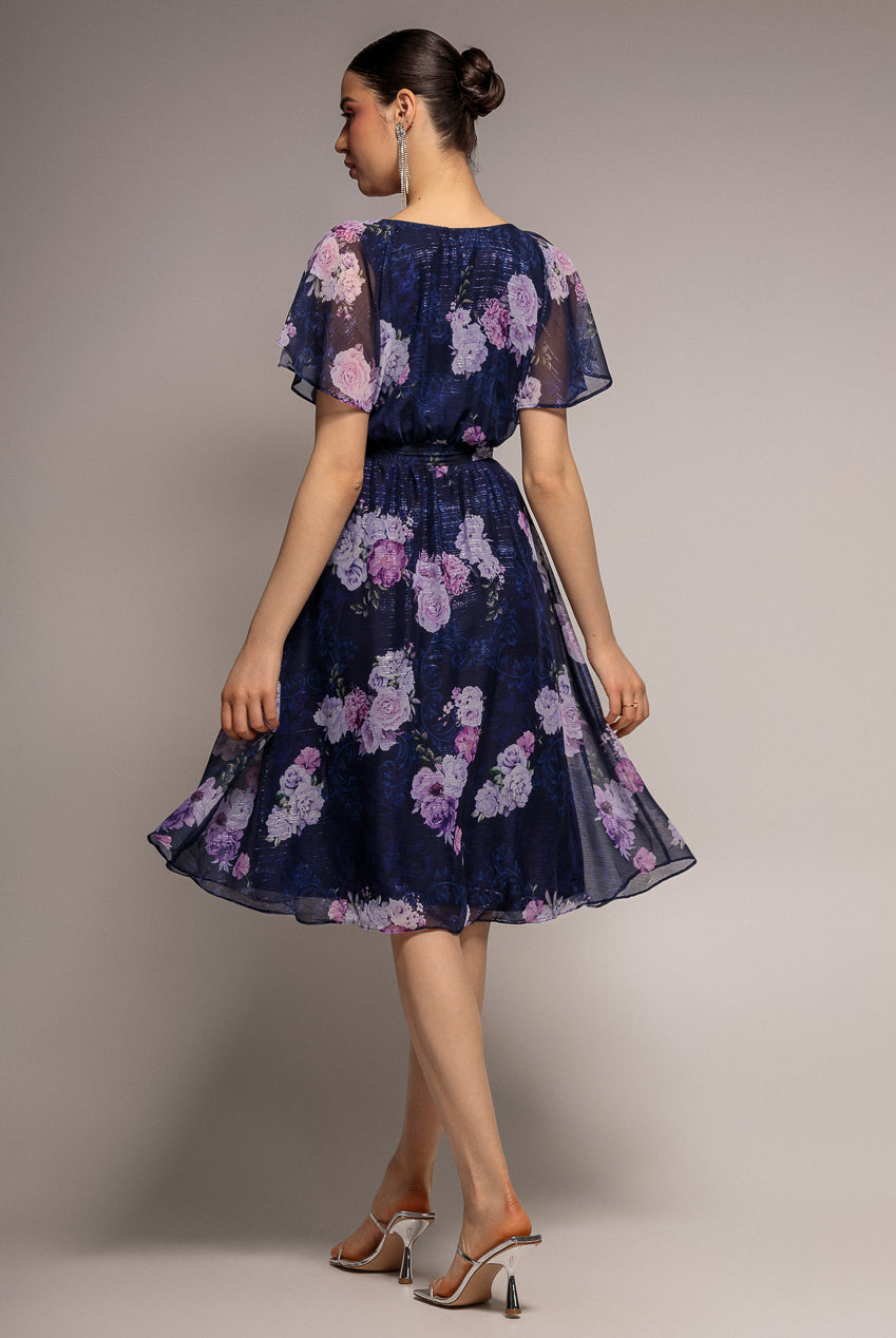 Goddiva Printed Lurex A-Line Flutter Sleeve Midi Dress - Navy