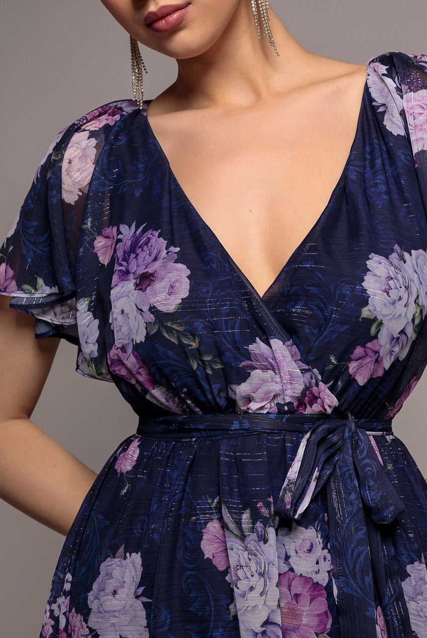 Goddiva Printed Lurex A-Line Flutter Sleeve Midi Dress - Navy