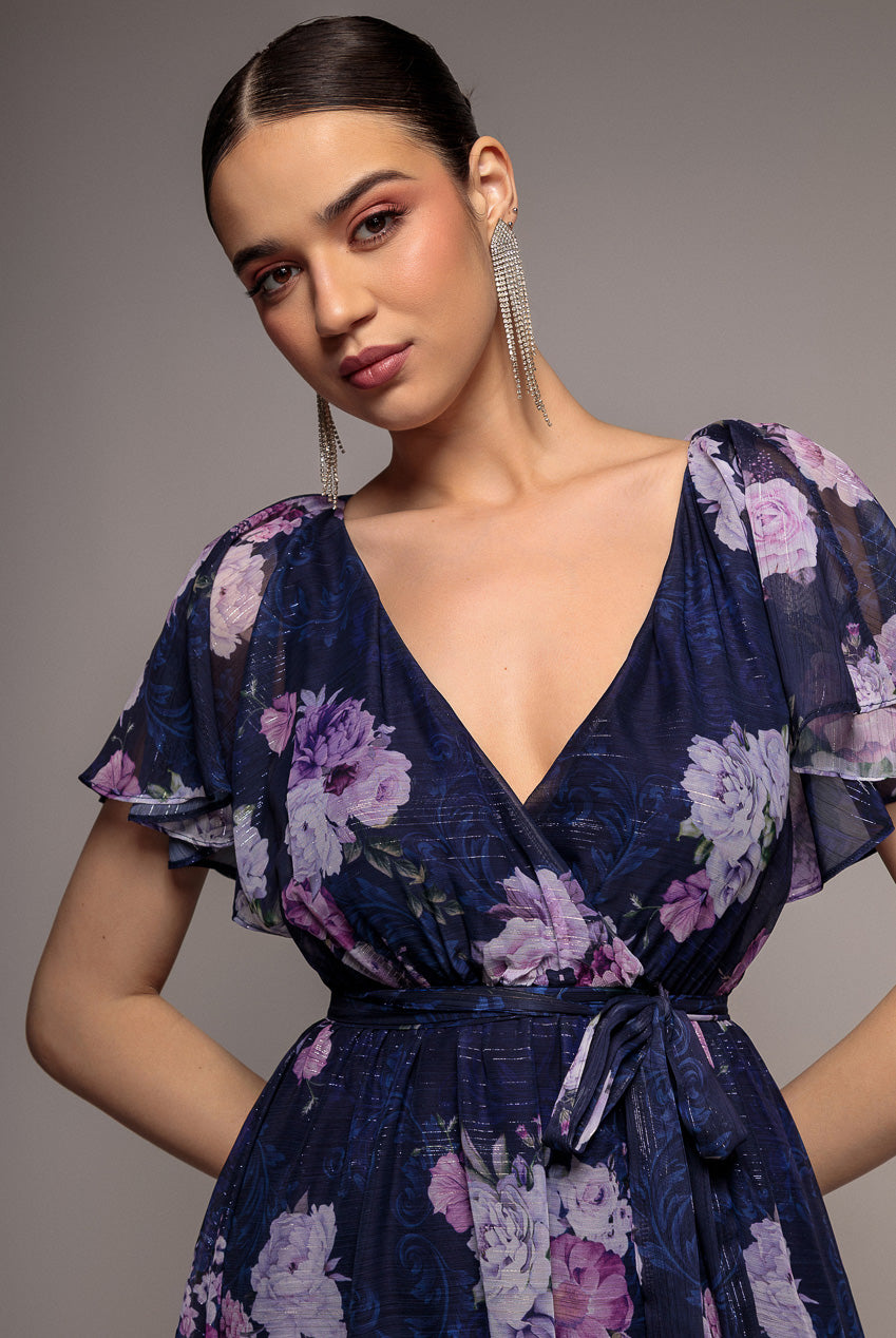 Goddiva Printed Lurex A-Line Flutter Sleeve Midi Dress - Navy