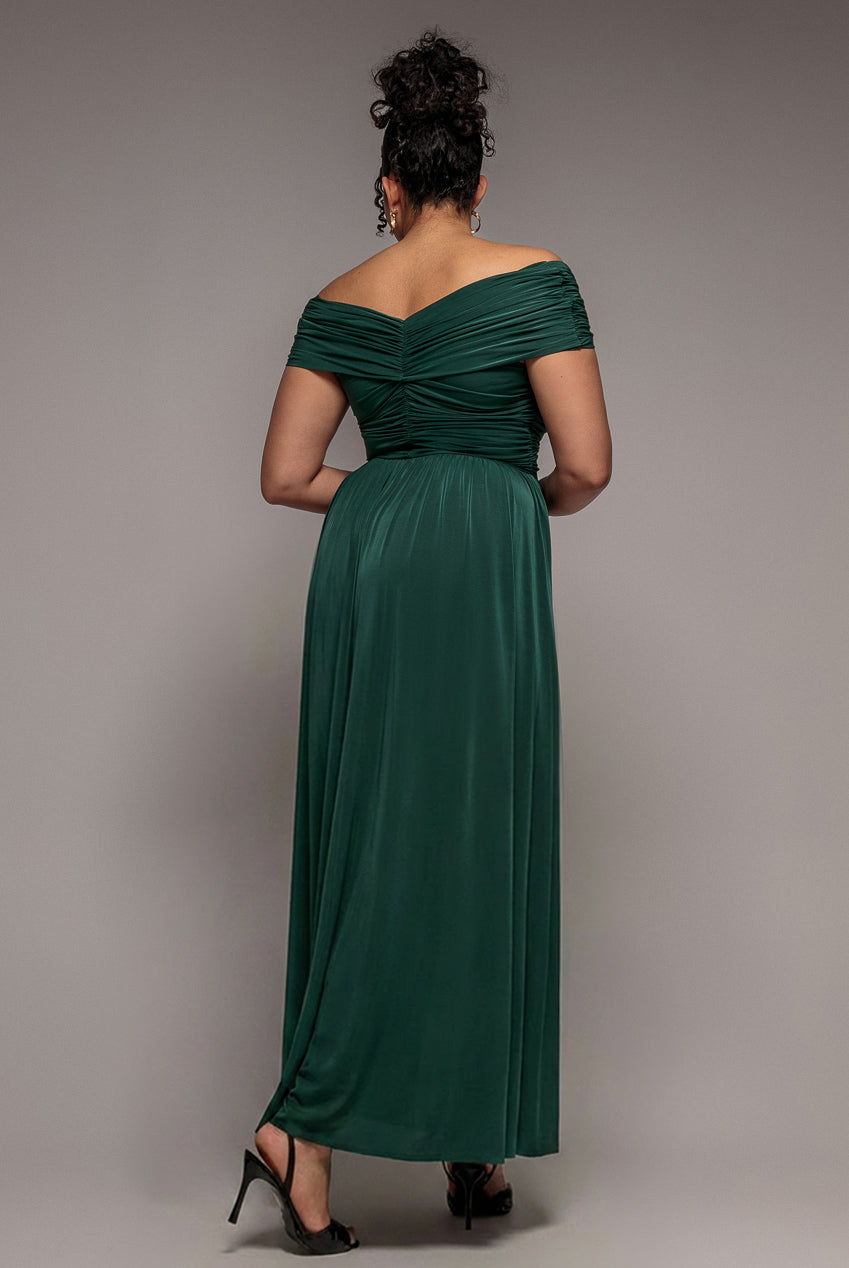 Goddiva Plus Gathered Bardot Bodice Front Split Maxi Dress - Emerald Green