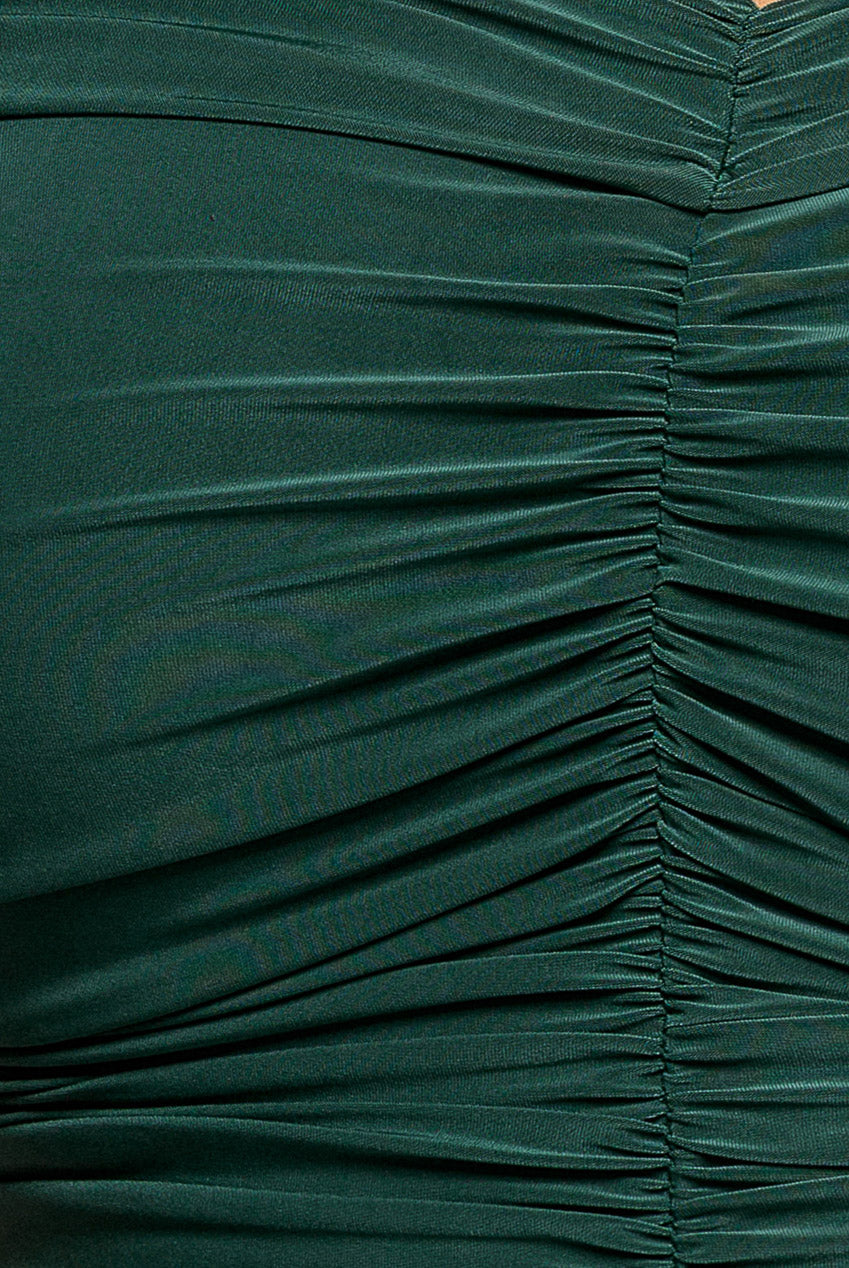 Goddiva Plus Gathered Bardot Bodice Front Split Maxi Dress - Emerald Green