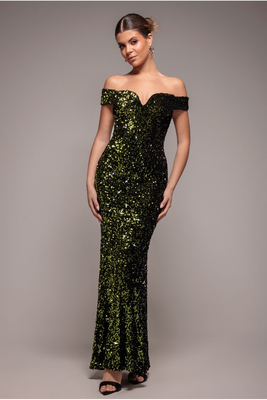 Goddiva Sequin Velvet Bardot Evening Maxi Dress - Olive Green