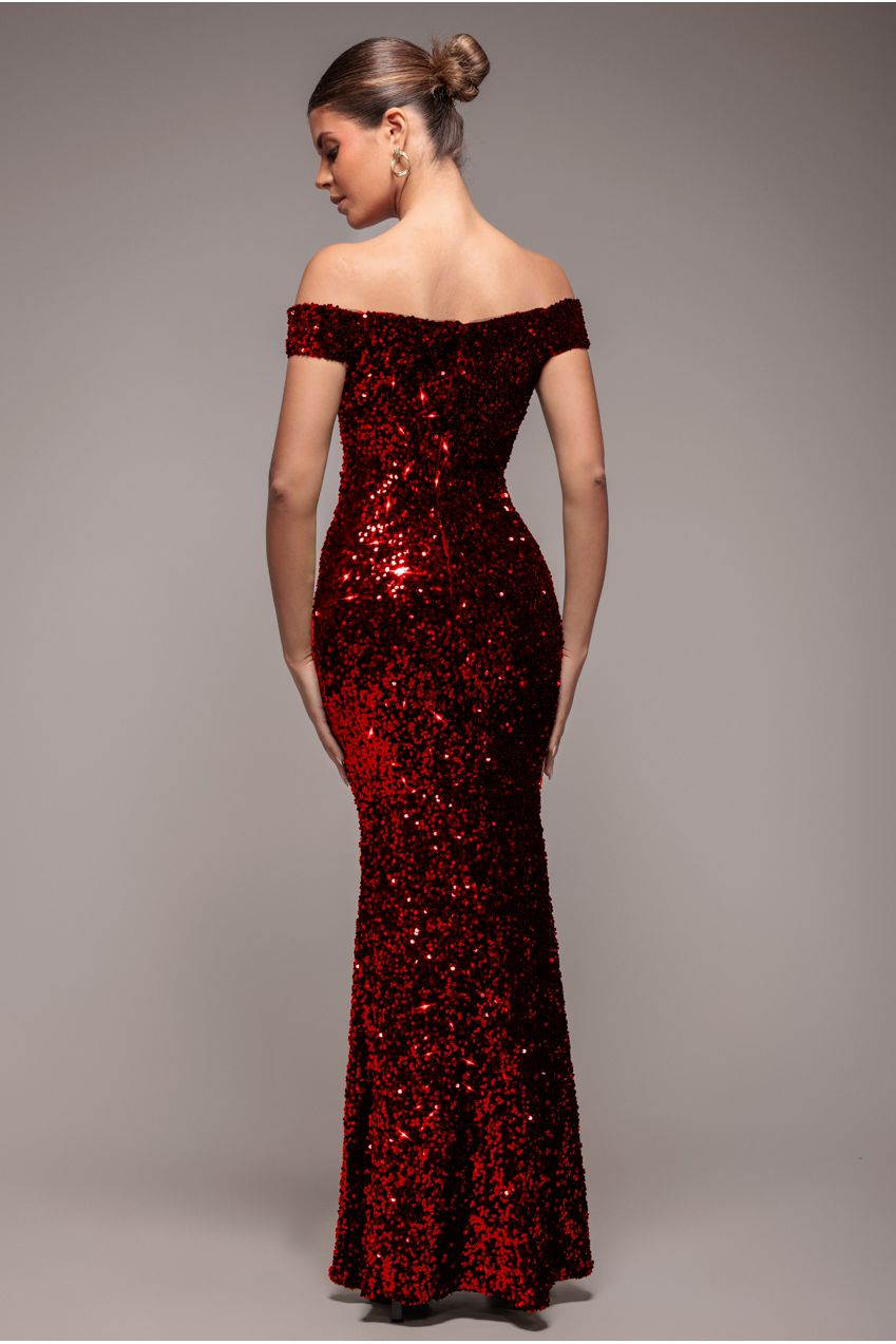 Goddiva Sequin Velvet Bardot Evening Maxi Dress - Red