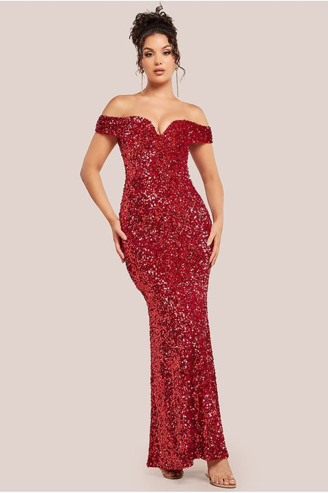 Goddiva Sequin Velvet Bardot Evening Maxi Dress - Red