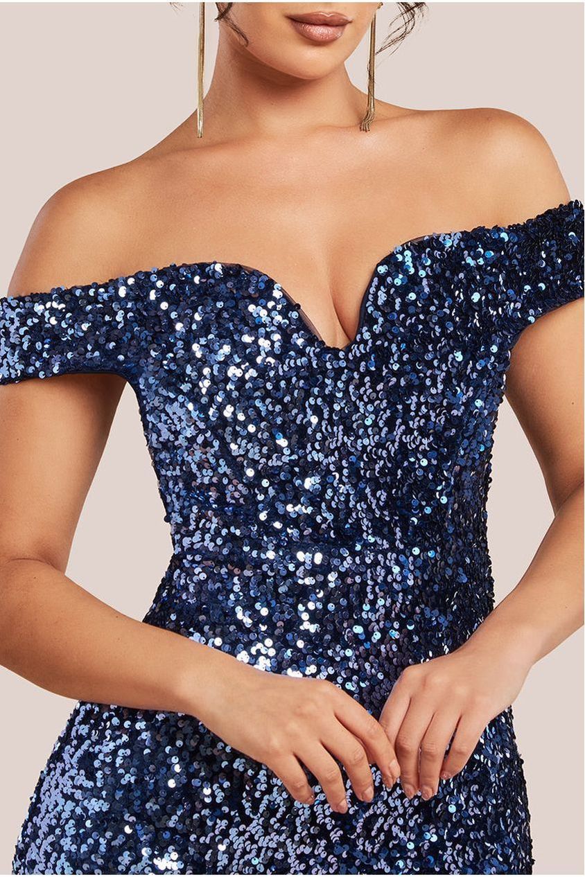 Goddiva Sequin Velvet Bardot Evening Maxi Dress - Midnight Blue